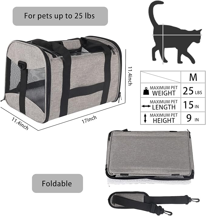 Cat Carrying Case - Pet Carrier Airline Approved, Protable and Breathable Pet Travel Carrier Removable Fleece Pad, Collapsible Cat Carrier Dog Carrier for Medium Cats Small Cats Dogs (Grey&Black M)