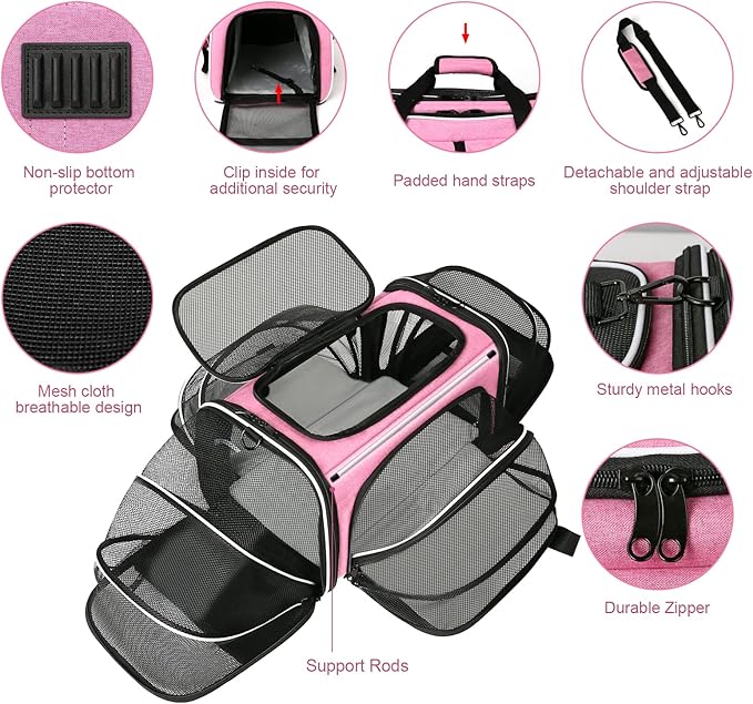 Estarer Soft Sided Pet Carrier Airline Approved, 4 Sides Expandable Collapsible Cat Carrier with Pockets & Removable Fleece Pad, Travel Carrier Bag for Cat Dog & Small Animals (Pink)