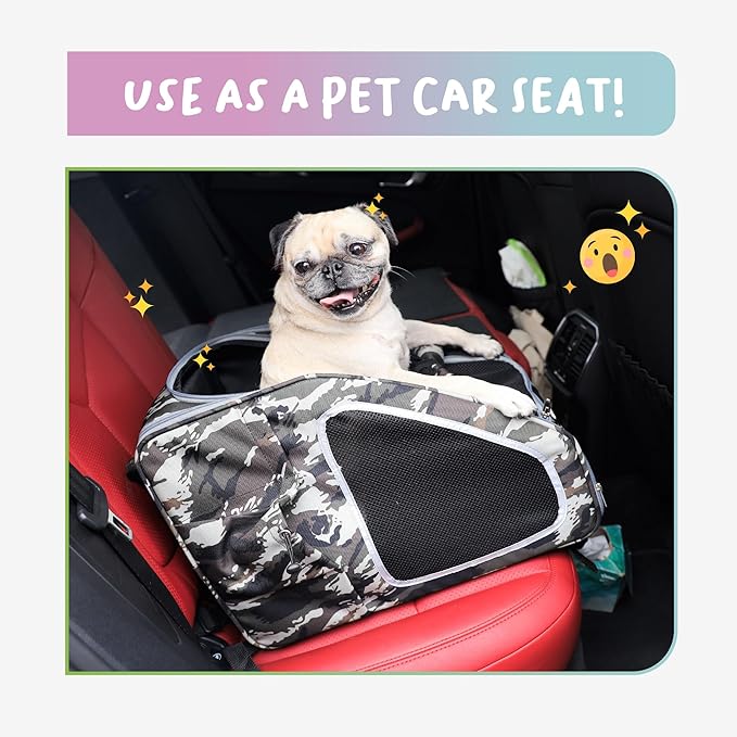 Petique 5-in-1 PET Carrier, Features: Rolling, Top Handle, Backpack, Luggage Attachment, Car Seat All in ONE for Small to Medium Dog, Cat, Bunny, Supports Pets up to 25LBS - Army CAMO