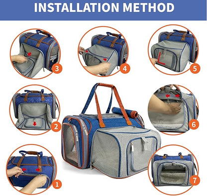Mr. Peanut's Expandable Airline Approved Soft Sided Pet Carrier, Low Profile Gold Series Tote, Premium Brand Self Locking Zippers, Plush Faux Fleece Bedding with a Sturdy Plywood Base (Deja Blue)