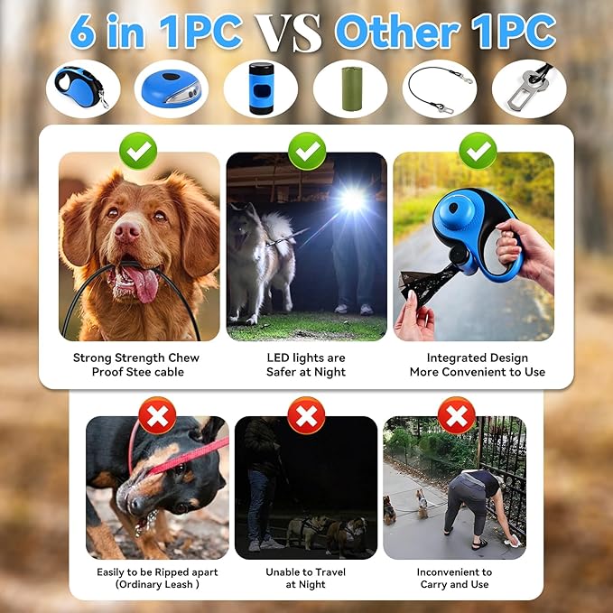 Heavy Duty Retractable Dog Leash for Large Dogs 26ft with 2 Poop 360° No 110Lbs. (Blue, 26ft)