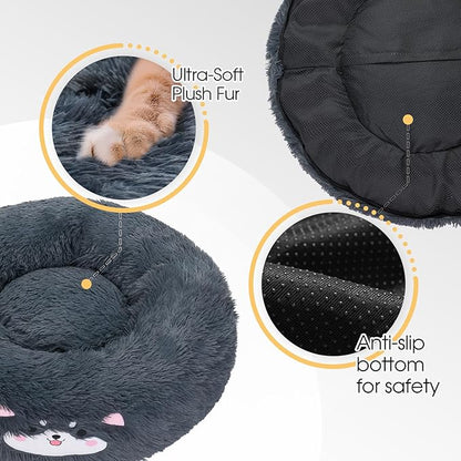 Veehoo Donut Calming Dog Beds for Small Medium Dogs-Round Cute Dog Bed Comfort Pet Bed 23" Dark