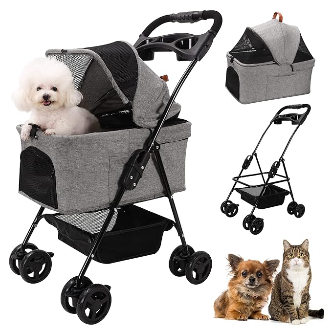 Dog Stroller Foldable Detachable Cat Stroller Dog Strollers for Small Dogs 4 Wheels Rotate 360 Degrees with Brakes