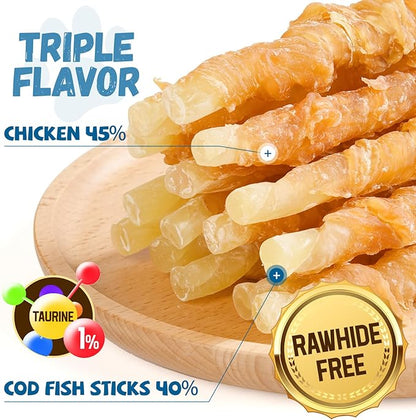 Chicken Wrapped Cod Sticks for Dogs, Grain-Free Rawhide-Free Natural Dog Treats Training Rewards Snacks Dog Soft Chews Treats 15-17 Counts