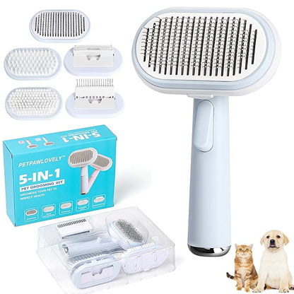 5 IN 1 Pet Grooming Brush Kit,Dog&Cat Self Cleaning Slicker Brush for Shedding.Dematting&Deshedding Dog Brush,Dog Hair Brush,Suitable for Small&Large,Long&Short Haired Pets.(Blue)