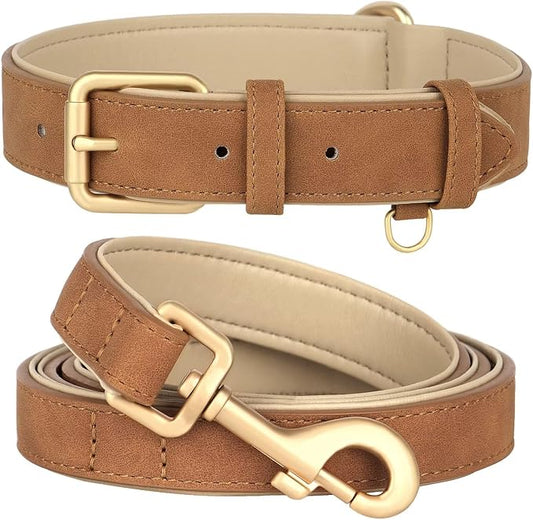 Beirui Soft Padded Leather Dog Collar and Leash Set 4FT Leather