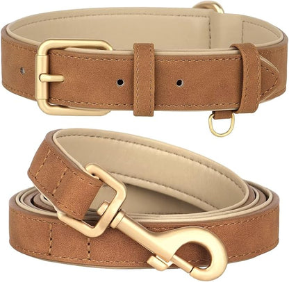 Beirui Soft Padded Leather Dog Collar and Leash Set 4FT Leather