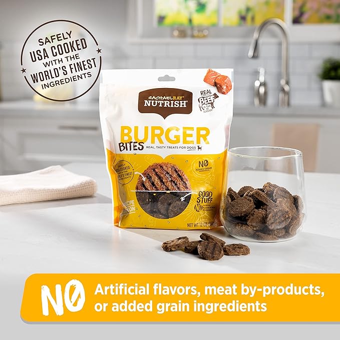 Rachael Ray Nutrish Burger Bites Real Meat Dog Treats, Beef Burger with Bison Recipe, 12 Ounces, Grain Free