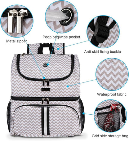 BAGLHER Pet Travel Bag, Double-Layer Pet Supplies Backpack (for All Pet Travel Supplies), Pet Travel Backpack with 2 Silicone Collapsible Bowls and 2 Food Baskets BLW