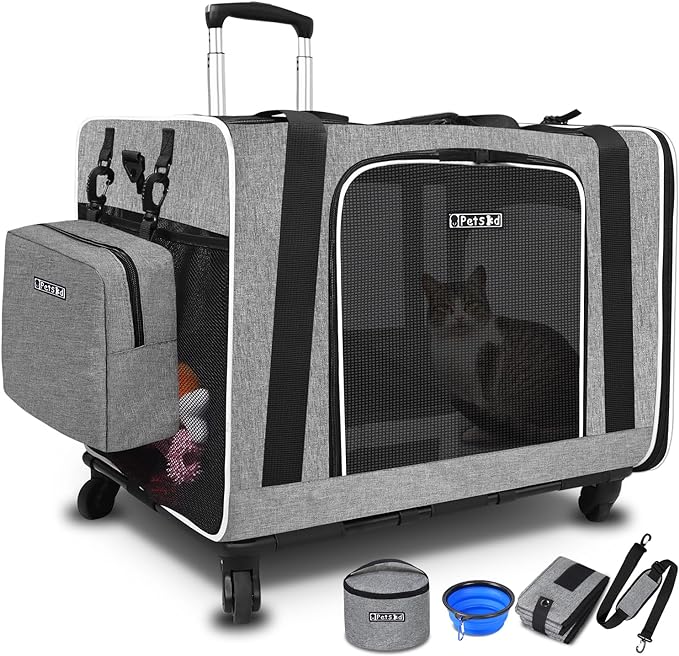 Petskd Large Pet Carrier with Wheels 24"x17"x17" for Large Cats, Pet Carrier for 2 Cats or Medium Dog, Cat Carrier for Car Travel with Litter Box and Bowl, Cat Soft Carrier with Locking Zipper(Grey)