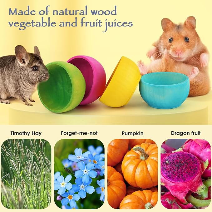 Abizoo Hamster Chew Bowl,4 Pcs Dwarf Hamster Food Bowl Wood Edible Chew Toys for Rabbit Guinea Pig Chinchilla Degu Gerbil Squirrel Bunny Enrichment Toys Small Size Treats for Teeth