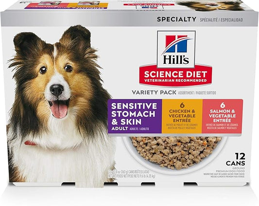 Hill's Science Diet Sensitive Stomach & Skin,Adult 1-6, Stomach & Skin Sensitivity Support,Wet Dog Food,Variety Pack:Chicken & Vegetables; Salmon & Vegetables Loaf,12.8 oz Can Variety Pack, Case of 12