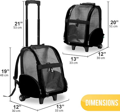 KOPEKS Deluxe Backpack Pet Travel Carrier with Double Wheels - Black - Approved by Most Airlines