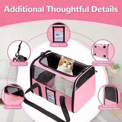 Soft Sided Cat Carrier for Under 18 Pounds, Folable Pet Carrier for Small Medium Cats Dogs, Roomy Dog Travel Carrier, Collapsible Puppy Carrier Bag with Locking Safety Zippers, Pink