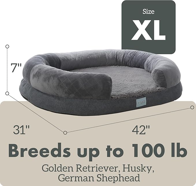 XL Dog Beds for Extra Large Dogs, Orthopedic Dog Couch w/Removable Washable Cover and Egg-Crate Foam, for Dogs Up to 100 lbs, Quilted Suede C Chaise 42 inch Dog Sofa w/Waterproof Lining