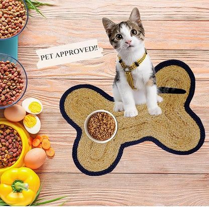 Dog Cat Bowl Mat for Food and Water Handmade Braided Jute Bone Shaped Dog Feeding Mat Cat Food Mat for Floors Black Natural Food Rug 16.5x21 inches Gift for Pet Owner (Bordered Bone, Black)