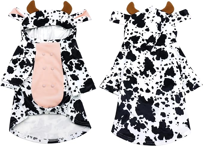 DELIFUR Dog Halloween Cow Costume - French Bulldog Adorable Cow Holiday Outfit Cute Hoodie Halloween Cosplay Animal Costume for Small Medium Dog (Cow, Back: 15.5")