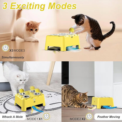 Interactive Cat Toys, 2-in-1 Automatic Cat Toy, 4 Holes Mice Whack A Mole Cat Mouse Toy with Moving Feather, Portable USB Rechargeable Electronic Kitten Toys (Yellow)