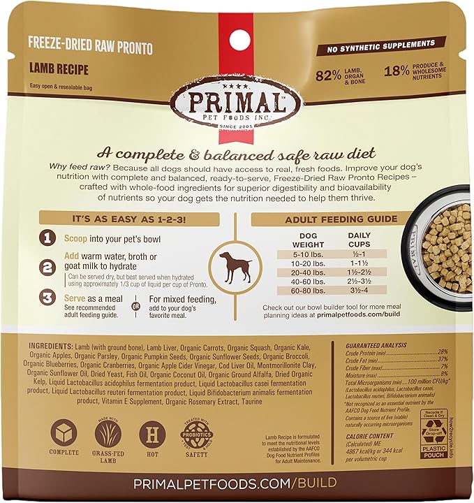 Primal Freeze Dried Dog Food Pronto, Lamb; Scoop & Serve, Complete & Balanced Meal; Also Use as Topper or Treat; Premium, Healthy, Grain Free, High Protein Raw Dog Food (7 oz)