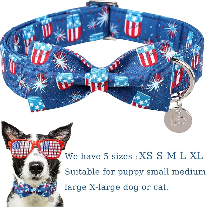 4th of July Dog Collar with Bow Tie 10-16in