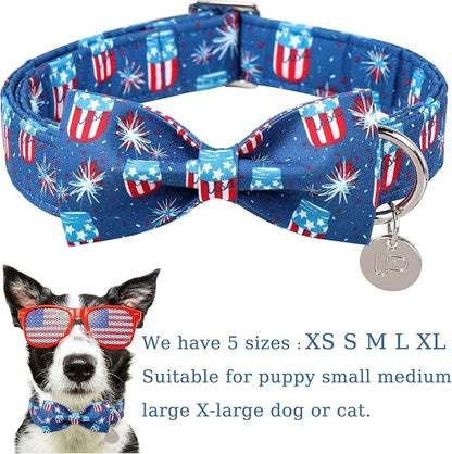 4th of July Dog Collar with Bow Tie 16-24in