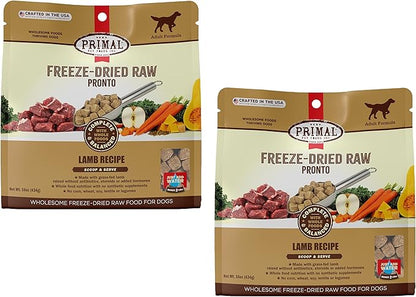 Primal Freeze Dried Dog Food Pronto, Lamb; Scoop & Serve, Complete & Balanced Meal; Also Use as Topper or Treat; Premium, Healthy, Grain Free, High Protein Raw Dog Food (16 oz, 2-pack)