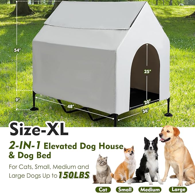 48" House for Large Dogs Outside & Elevated Dog Bed,Waterproof Dog House for Indoor & Outdoor Use, Portable Pet House with Powerful Anti-Slip Feet,Weatherproof Dog Shelter Cot for S/M/L Dogs & Cats