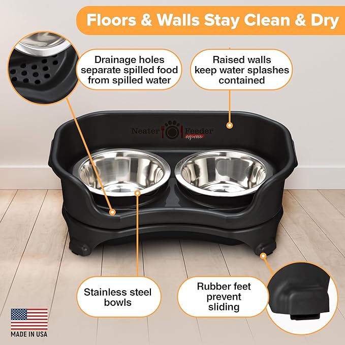 Neater Feeder - Express Model - Mess-Proof Cat Bowls (Cat, Black) – Made in USA – Elevated, No Spill, Non-Tip, Non-Slip, Raised Stainless Steel Food & Water Pet Bowls