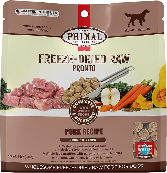 Primal Freeze Dried Dog Food Pronto, Pork; Scoop & Serve, Complete & Balanced Meal; Also Use As Topper or Treat; Premium, Healthy, Grain Free, High Protein Raw Dog Food (16 oz)