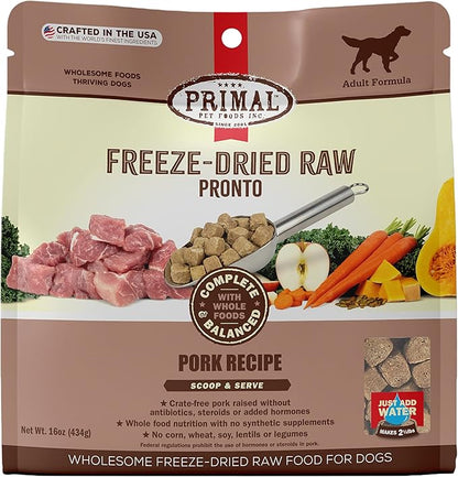 Primal Freeze Dried Dog Food Pronto, Pork; Scoop & Serve, Complete & Balanced Meal; Also Use As Topper or Treat; Premium, Healthy, Grain Free, High Protein Raw Dog Food (16 oz)