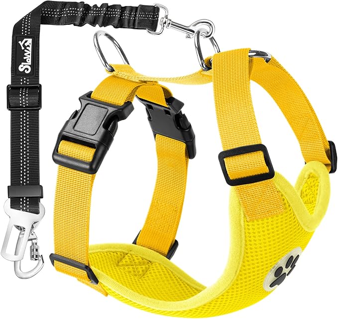 SlowTon Dog Seat Belt Harness for Car, Dog Car Harness Adjustable Mesh Breathable & Dog Seatbelt Safety Tether with Elastic Bungee for Small Medium Large Pets(Yellow, Double Clip, XS)