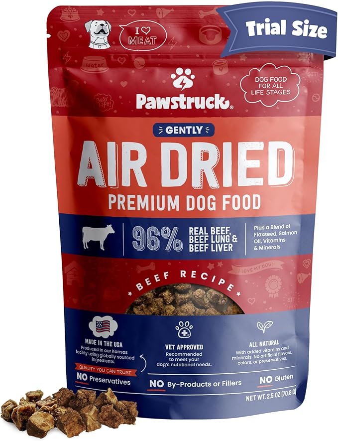 Pawstruck All Natural Air Dried Dog Food w/Real Beef - Grain Free, Made in USA, Non-GMO & Vet Recommended - High Protein Limited Ingredient Full-Feed - for All Breeds & Ages - 2.5oz Trial Bag