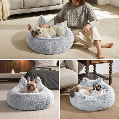 Westen Home Calming Small Dog Bed, Donut Washable Dog Beds for Small Dogs, 27 inches Anti-Slip Round Fluffy Plush Cute Dog Bed, Fits up to 35 lbs Pets, Light Grey