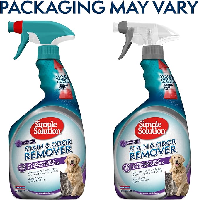 Simple Solution Stain and Odor Eliminator Spray for Dogs & Cats, Enzyme Cleaner With 2X Pro-Bacteria Cleaning Power, Strong Smell Remover for Carpets, Upholstery & Floors, Floral Fresh Scent, 32 oz