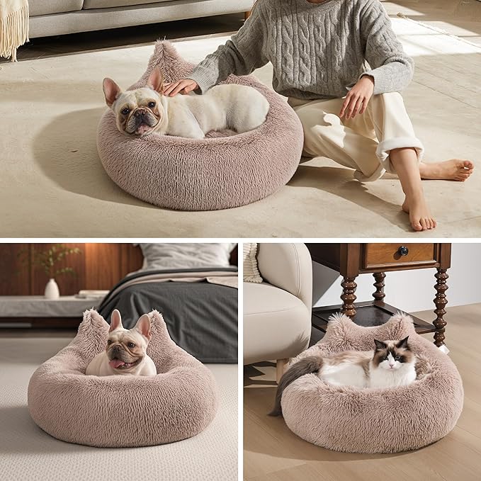 Westen Home Calming Small Dog Bed, Donut Washable Dog Beds for Small Dogs, 27 inches Anti-Slip Round Fluffy Plush Cute Dog Bed, Fits up to 35 lbs Pets, Brown