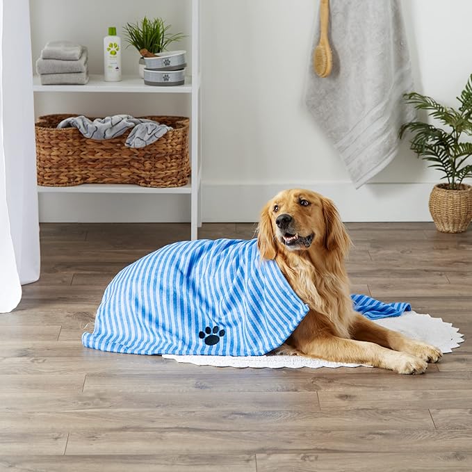 Bone Dry Pet Grooming Towel Collection Absorbent Microfiber X-Large, 41x23.5", Striped Blue