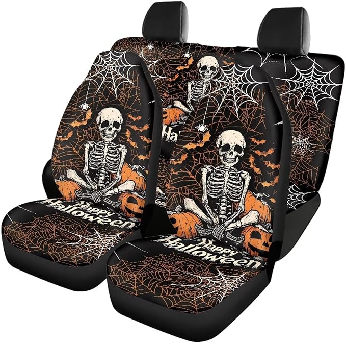 Halloween Skeleton Vehicle Seat Covers Set Front Back 4 Travel
