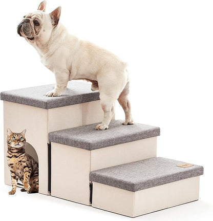 Love's cabin Dog Stairs for Small Medium or Large Dogs with Storage and Condo Couch,3-Step Gray 200 lbs,Beige+Grey