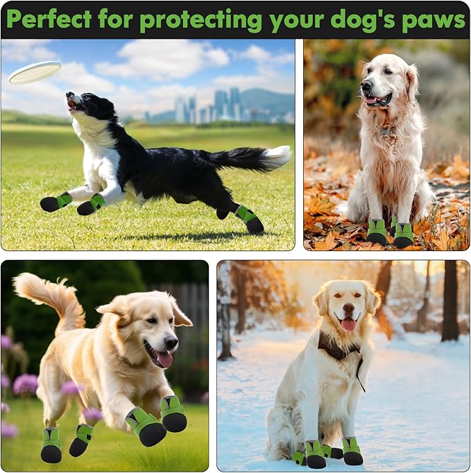 Dog Shoes, Outdoor Dog Boots Non-Slip Waterproof Dog Booties for Medium to Large Dogs 4Pcs for Winter Snowy Day, Summer Hot Pavement with Rugged Sole Green
