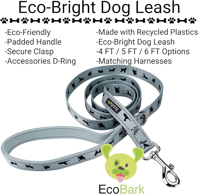 EcoBark Dog Leash - Soft & Reflective Comfort Leash with Padded Handle - Strong Durable Heavy Duty - Training and Pulling for Small, Medium or Large Dogs (Gray)