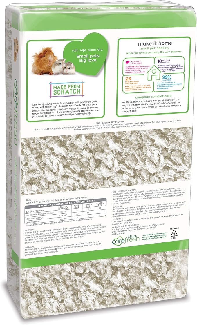 carefresh 99% Dust-Free White Natural Paper Small Pet Bedding with Odor Control, 23 L