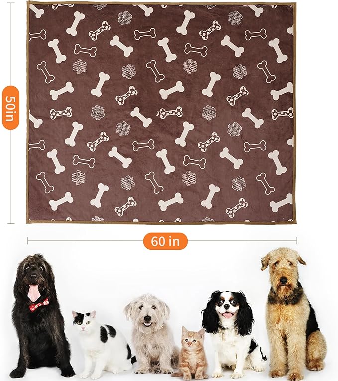 Waterproof Dog Blankets Pet Blanket 50"x60", Soft Fluffy Sofa Car Bed Protector, Reversible Sherpa Fleece Dog Blanket for Large Dogs (Chocolate Brown-Bones)