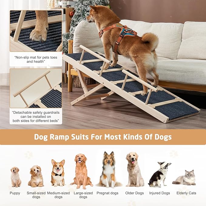 Wooden Dog Ramp for High Bed, 47.2" Long Non-Slip Dog Ramp for Couch, 6 Adjustable Heights from 15.7" to 28" with Side Rails Anti-Slip Traction Mat for Small Medium Large Dogs(Up to 160 Lbs)