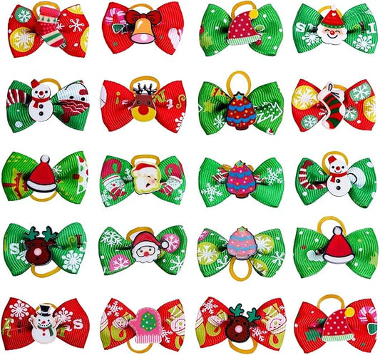 Tongcloud 20pcs Pets Dog Hair Bows for Christmas with Rubber Bands Dog Bows Bowknot Snowman Christmas Dog Bows Snowman Dog Bows(Red and Green