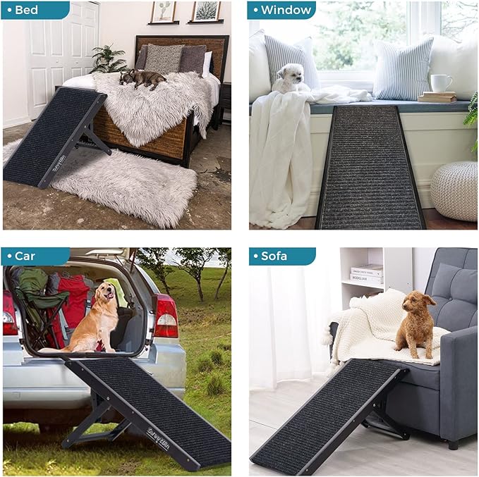 18" Tall Adjustable Pet Ramp - Small Dog Use Only - Wooden Folding Portable Dog & Cat Ramp Perfect for Couch or Bed with Non Slip Carpet Surface - 4 Levels Height Adjustable Up to 90Lbs