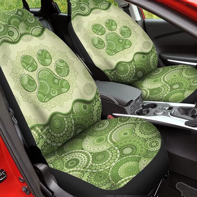 Green Boho Dog Paw Mandala Print Thin Washable Auto Interior Accessory 2 Pack
