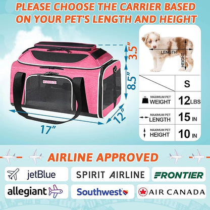 Petskd Top-Expandable Pet Carrier 17x12x8.5 Inches JetBlue Frontier Spirit Airline Approved, Soft-Sided Carrier for Small Cats and Dogs with Locking Safety Zippers and Anti-Scratch Mesh(Pink)