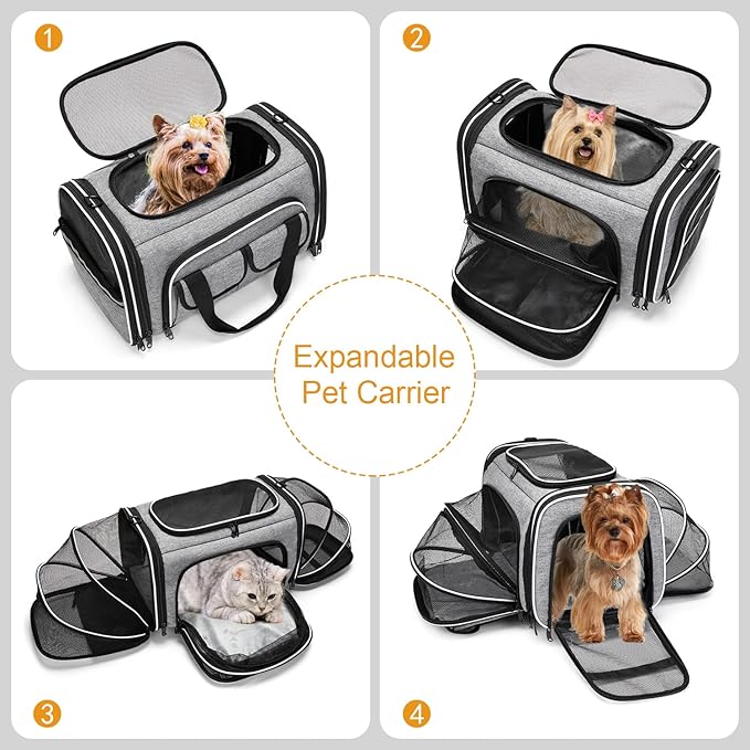 Estarer Soft Sided Pet Carrier Airline Approved, 4 Sides Expandable Collapsible Cat Carrier with Pockets & Removable Fleece Pad, Travel Carrier Bag for Cat Dog & Small Animals (Grey)