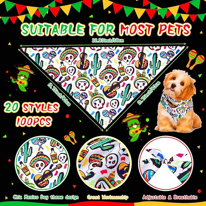 100 Pcs Dog Bandanas Bulk Cinco De Mayo