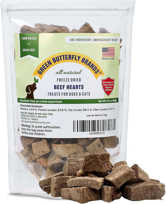 Freeze Dried Beef Heart Dog Treats Made In USA. All Natural Freeze-Dried Raw Snacks for Dogs and Cats. Single Ingredient. High Protein. Heart Health. Irresistible Training Treat